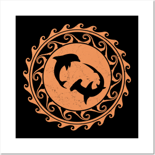 Hammerhead shark and dolphin on polynesian sun Posters and Art